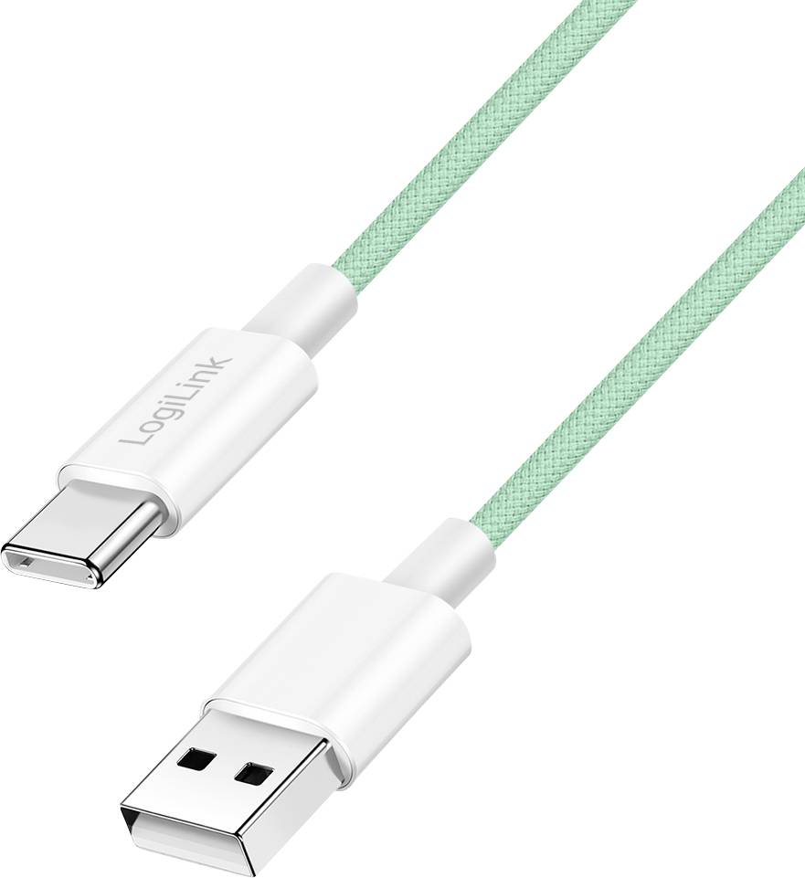 Grünes geflochtenes Kabel mit USB-C- und USB-A-Anschlüssen, das auf einem weißen Hintergrund platziert ist.