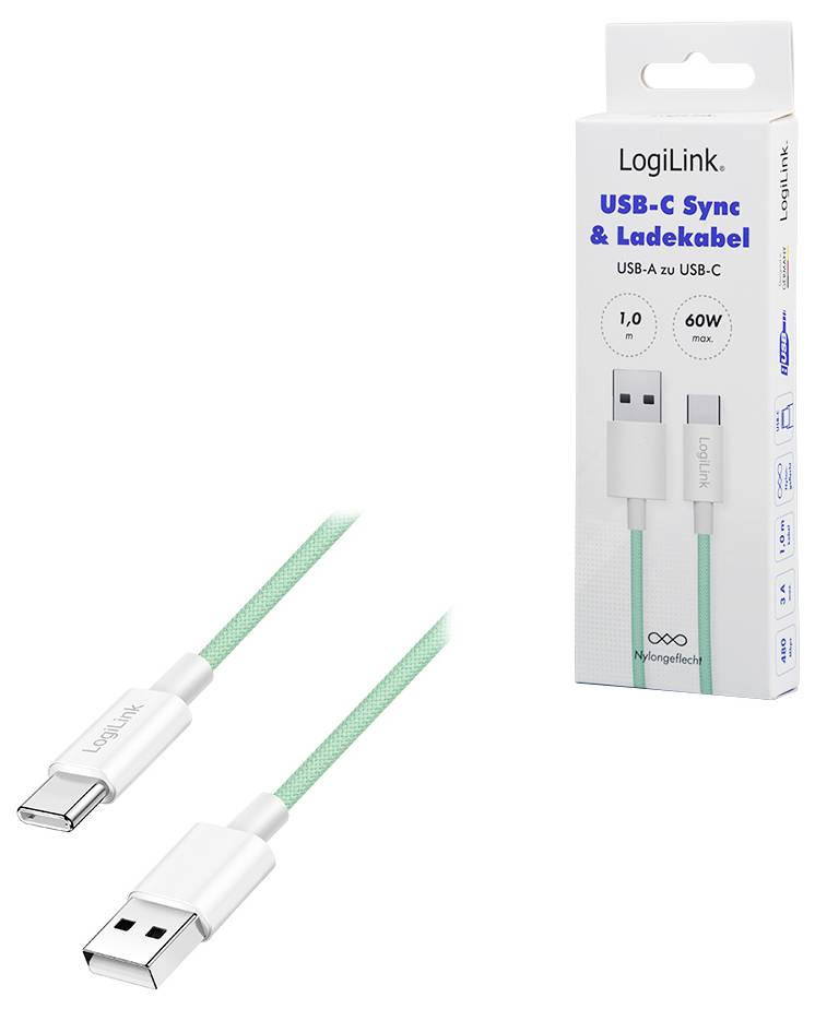 Grünes USB-C zu USB-A Kabel, 1 Meter lang, zusammen mit seiner Verpackung abgebildet. Unterstützt 60W Stromversorgung, gekennzeichnet als 'USB-C Sync & Ladekabel'.