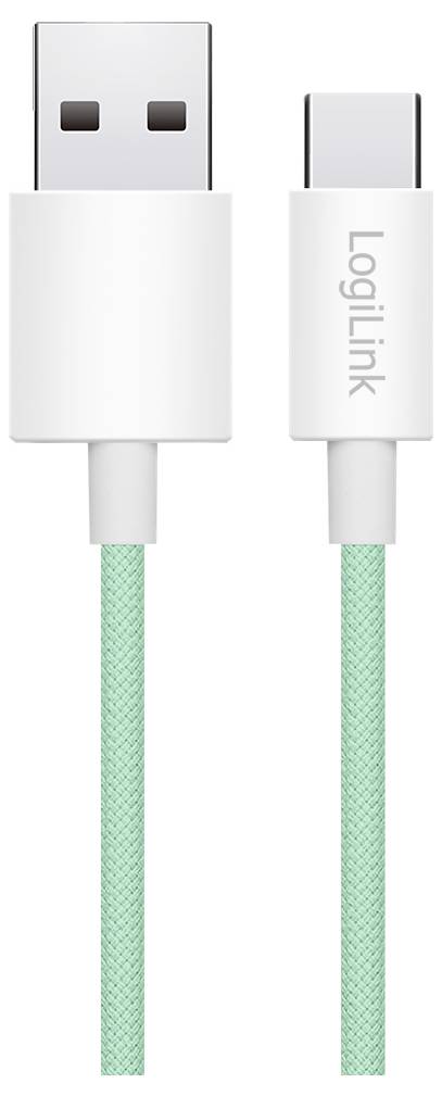 Ein USB-A-zu-USB-C-Kabel mit weißem Anschluss und grün umflochtener Schnur, beschriftet mit LogiLink.