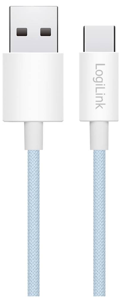 Ein weißes USB-A auf USB-C Kabel mit 'LogiLink' Branding auf dem USB-C-Stecker und einer hellblauen geflochtenen Außenhülle.