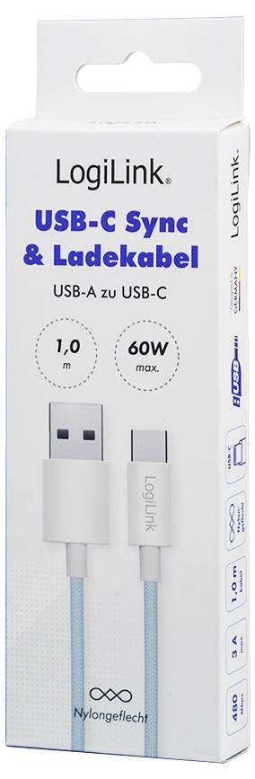 'LogiLink' USB-C Sync- und Ladekabel, USB-A zu USB-C, 1 Meter Länge, max. 60W Leistung, Nylon-Geflecht.