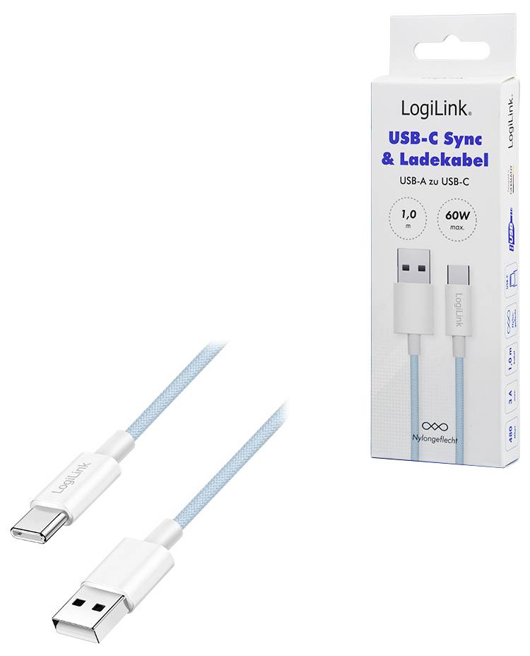 Ein blaues USB-A zu USB-C Kabel neben seiner Verpackung, beschriftet mit 'LogiLink USB-C Sync & Ladekabel', 1 Meter, 60W max.