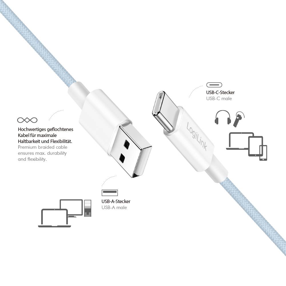 Ein hochwertiges geflochtenes Kabel mit USB-A- und USB-C-Anschlüssen, kompatibel mit Laptops, Smartphones und Tablets. Kabellänge: 1 m.