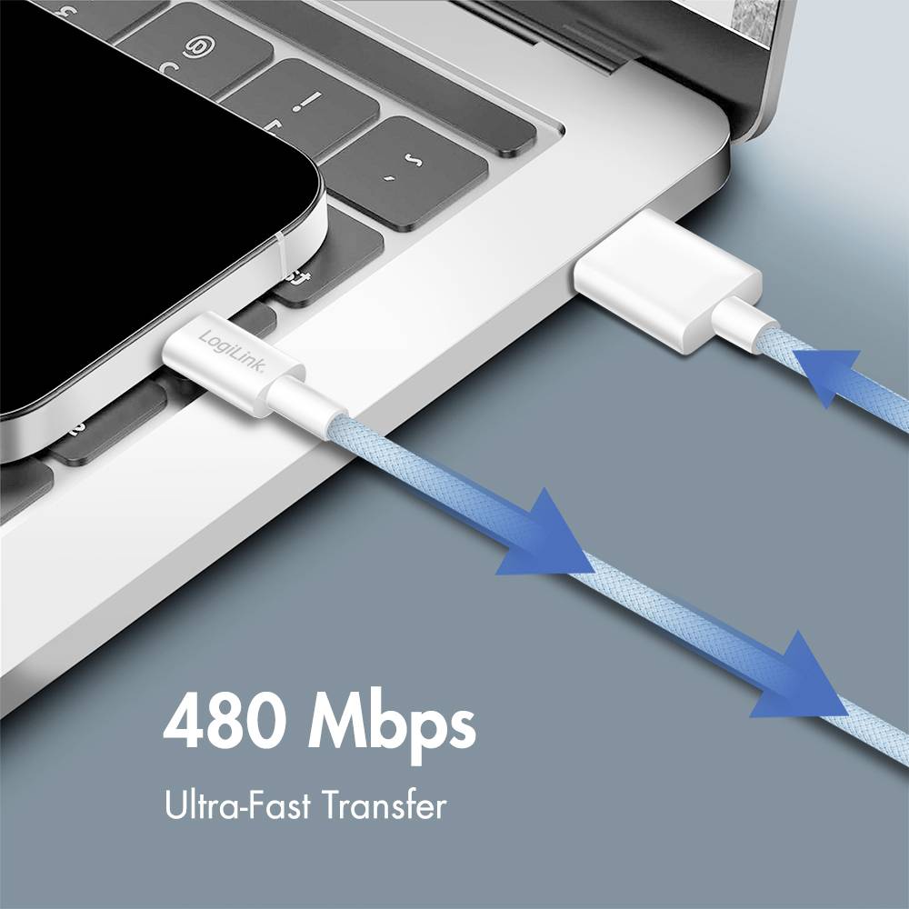 Ein blaues Kabel mit Pfeilen symbolisiert eine Datenübertragung mit ‚480 Mbps Ultra-Schnelle Übertragung' zwischen einem Smartphone und einem Laptop.