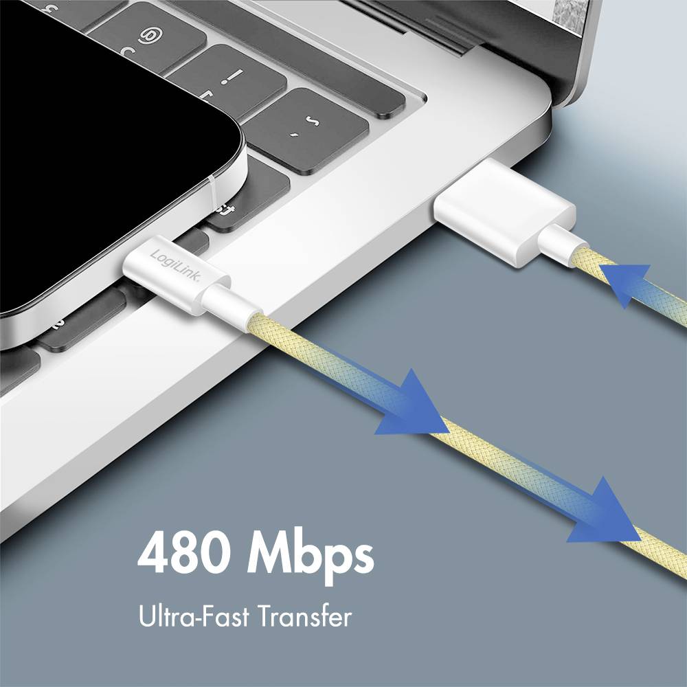 Eine Nahaufnahme eines Smartphones und eines Laptops, die durch ein Kabel verbunden sind, mit dem Text '480 Mbps Ultra-Schnelle Übertragung', was eine hochgeschwindigkeitsfähige Datenübertragung anzeigt.