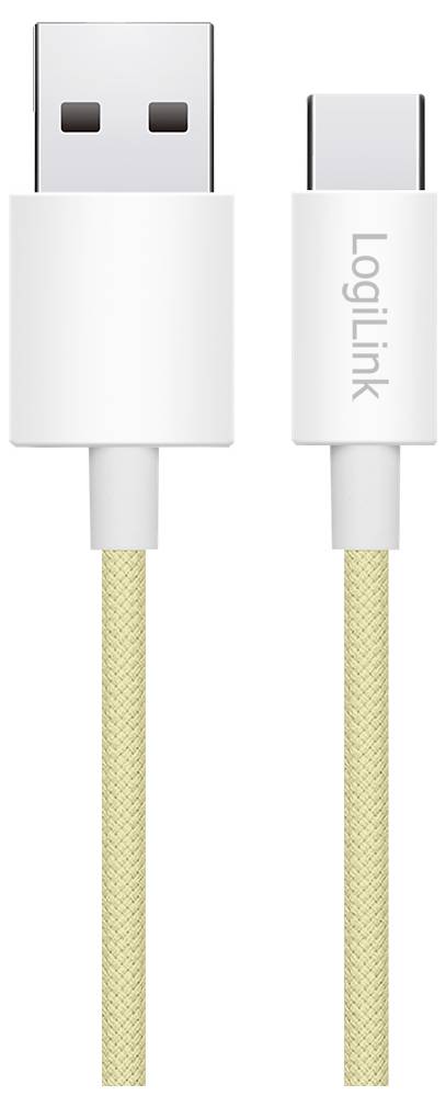 USB-A auf USB-C Kabel mit weißen Steckern und geflochtener beige Kordel, beschriftet mit 'LogiLink'.