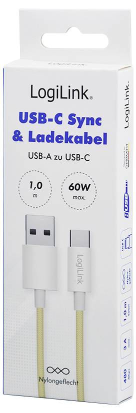 'LogiLink' Verpackung für ein 1,0 m USB-C zu USB-A Sync- und Ladekabel, max. 60W, mit Nylongeflecht überzogen.