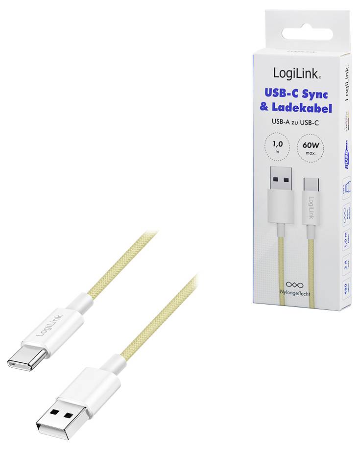 Ein beiges USB-C auf USB-A Kabel neben seiner Verpackung, beschriftet mit ‚LogiLink USB-C Sync & Ladekabel', unterstützt 60W Laden.