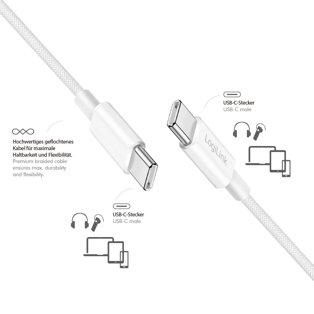 Ein weißes USB-C zu USB-C Kabel mit Aluminium-Anschlüssen, beschriftet mit 'LogiLink'. Icons zeigen Kompatibilität mit Kopfhörern, Tablets und Laptops.