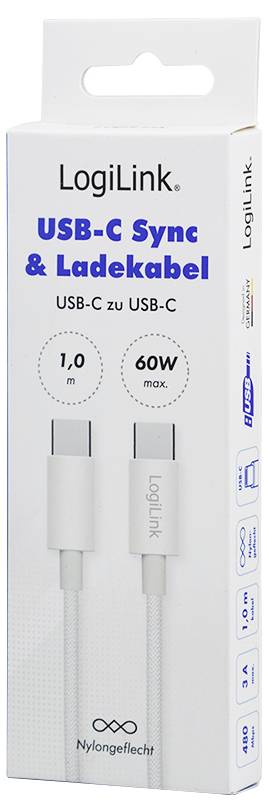 LogiLink USB-C Sync- & Ladekabel<br>1,0m USB-C auf USB-C<br>Max. 60W<br>Mit Nylongeflecht