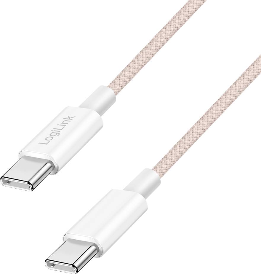 Ein rosa geflochtenes USB-C zu USB-C Kabel, mit dem Aufdruck 'LogiLink', das beide Anschlüsse zeigt.