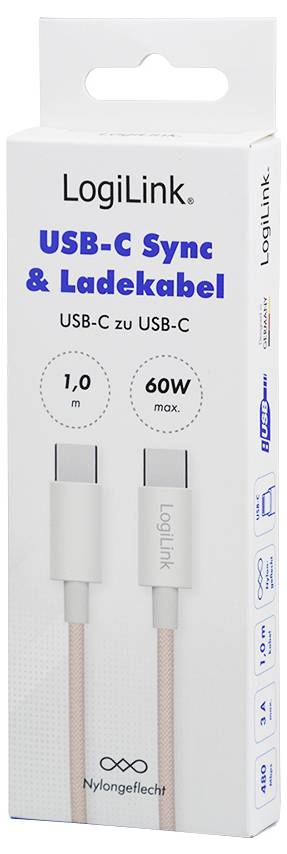 LogiLink USB-C Sync & Charge Kabel Verpackung, 1 Meter Länge, max. 60W, USB-C zu USB-C. Mit geflochtener Nylonummantelung.