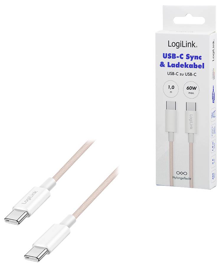 USB-C Sync- und Ladekabel mit Verpackung. Das Kabel ist beige mit weißen Anschlüssen, kompatibel mit USB-C-Geräten, unterstützt bis zu 60W.