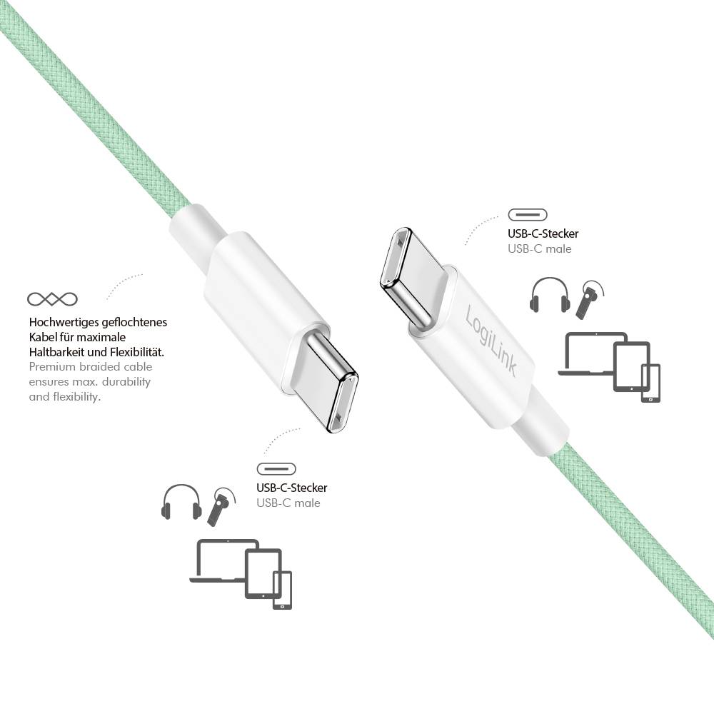 Ein grünes geflochtenes USB-C auf USB-C Kabel, mit der Bezeichnung „LogiLink