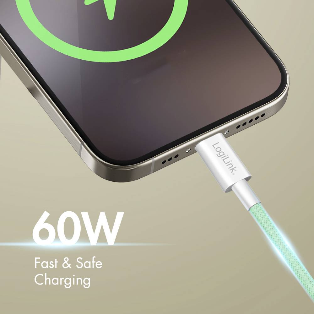 Ein Smartphone, das an ein Ladekabel angeschlossen ist, mit dem Text '60W Schnell & Sicher Laden', der die hochschnelle Ladefähigkeit betont.