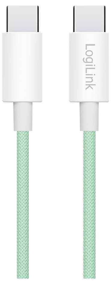 Ein minzgrünes geflochtenes USB-C zu USB-C Kabel; ein Anschluss trägt die Marke 'LogiLink'.