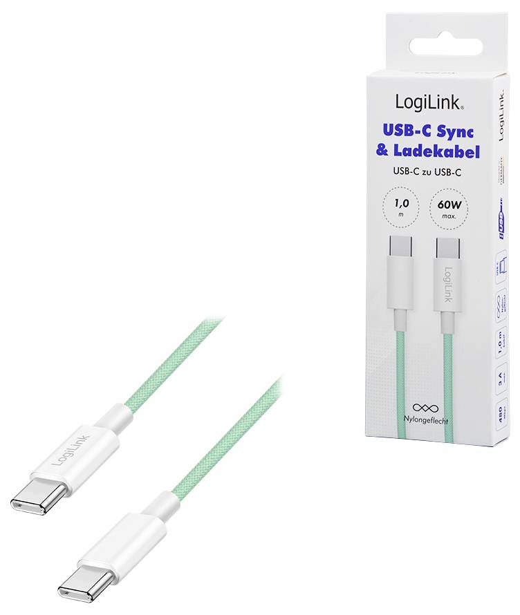 Ein grünes USB-C zu USB-C Kabel von LogiLink neben seiner Verpackung. Das Etikett zeigt 'USB-C Sync & Ladekabel', 1 Meter Länge, 60W Leistung.