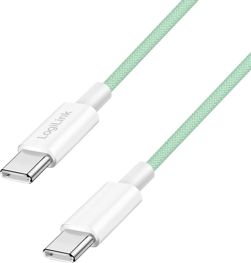 Ein grünes geflochtenes USB-C-Kabel mit weißen Steckern, beschriftet mit 'LogiLink'. Das Kabel ist für Laden und Datenübertragung konzipiert.