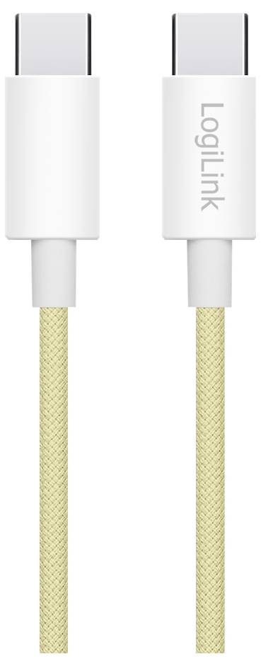 Zwei USB-C-Anschlüsse an einem sandgelben geflochtenen Kabel. Ein Anschluss hat seitlich den Aufdruck 