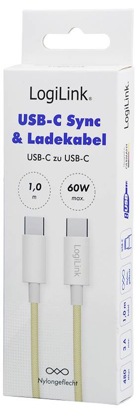 'LogiLink USB-C Synchronisations- & Ladekabel' Verpackung, die ein 1-Meter-USB-C zu USB-C-Kabel mit einer maximalen Leistung von 60W und einem geflochtenen Nylonmantel zeigt.