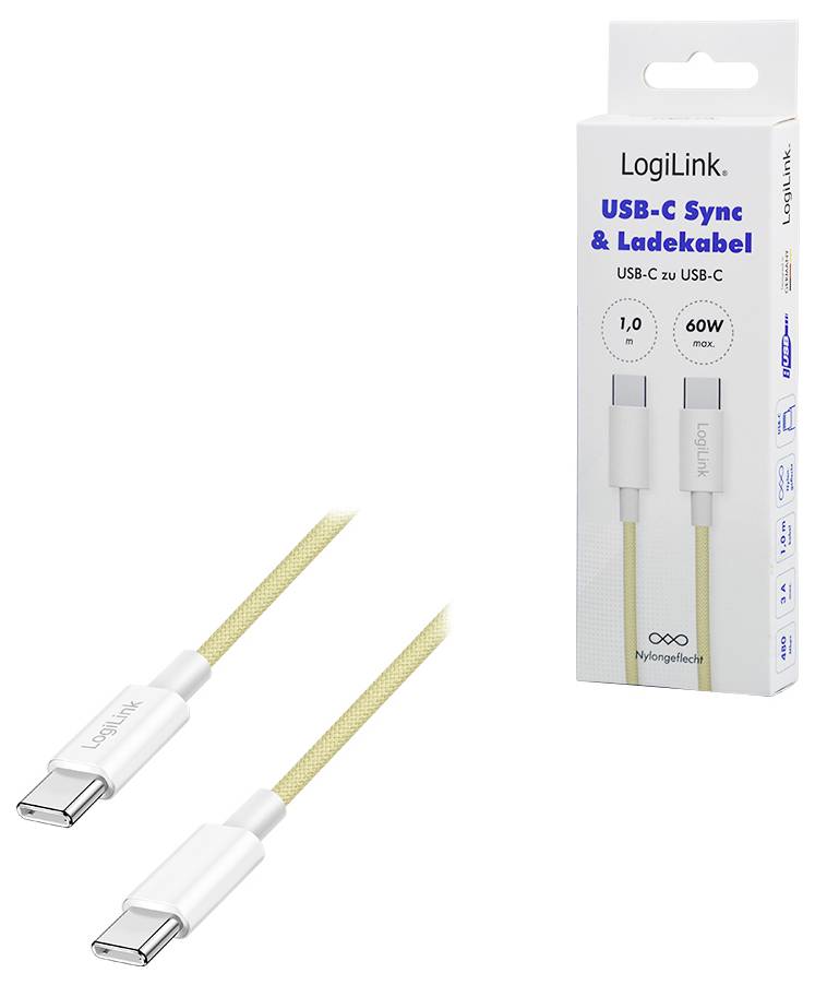 USB-C-Kabel mit weißen Anschlüssen und beigefarbener, geflochtener Nylonummantelung. Verpackung gibt 'LogiLink USB-C Sync & LadeKabel', 60W, 1m an.