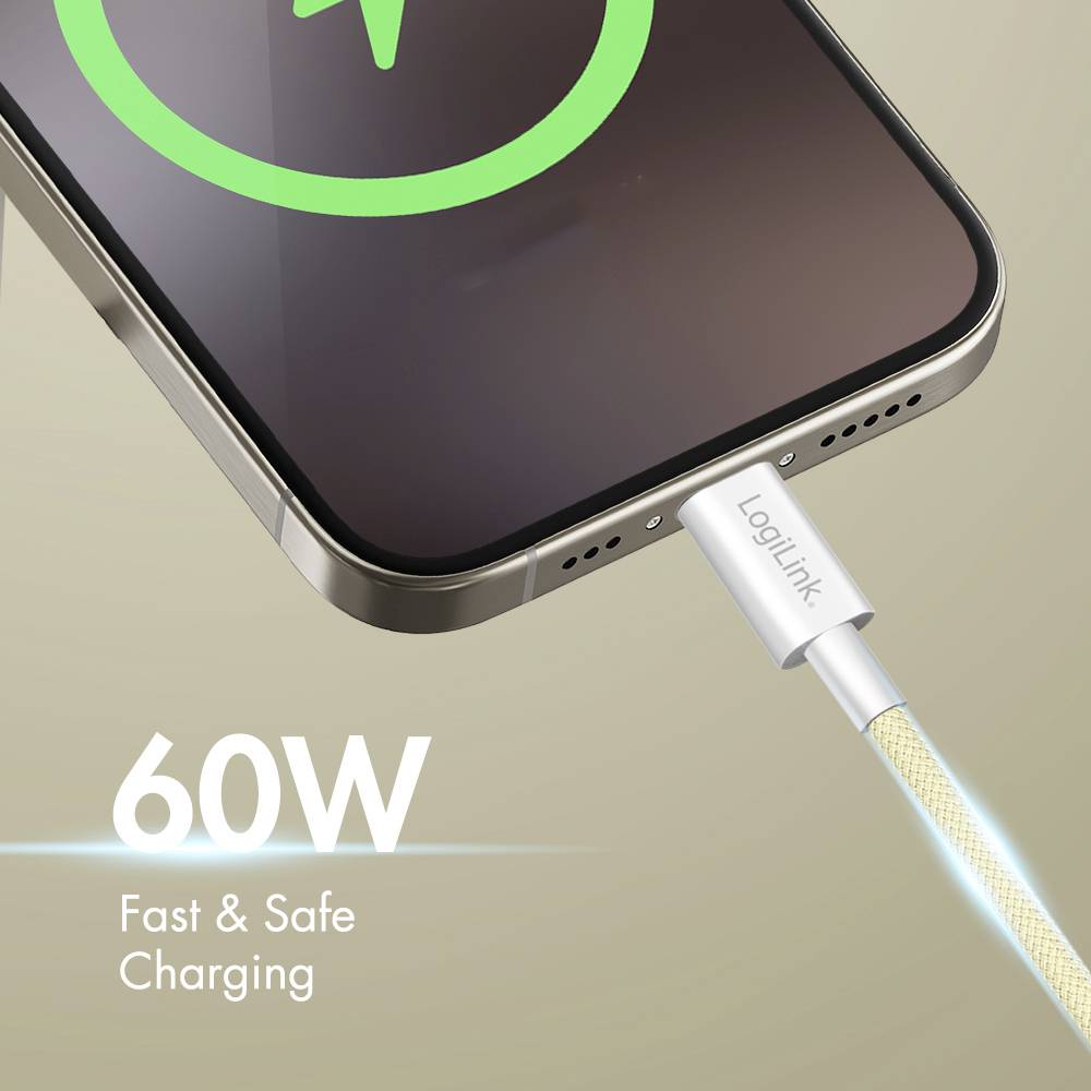 Ein Smartphone, das mit einem Kabel von 'LogiLink' aufgeladen wird, zeigt ein grünes Ladensymbol. Text liest sich '60W Schnell & Sicher Laden' auf einem beigen Hintergrund.