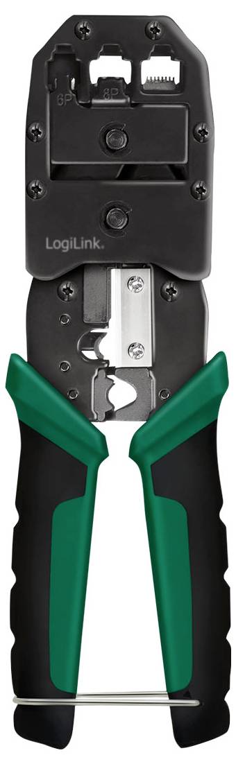 Crimpzange mit grünen und schwarzen Griffen, verwendet für RJ45-, RJ11- und RJ12-Stecker, mit Funktionen zum Drahtschneiden und Abisolieren.
