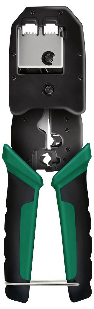 Crimpzange mit schwarzen Metallbacken und grün beschichteten Griffen, entwickelt zum Verbinden oder Sichern von elektrischen Anschlüssen und Kabeln.