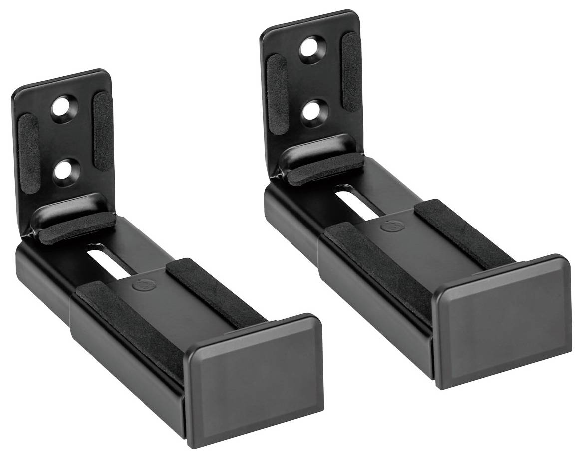 Zwei schwarze Wandhalterungen, konzipiert zum Halten flacher Objekte. Jede Halterung verfügt über eine gepolsterte Auflage zum Schutz, mit zwei Löchern zur Befestigung.