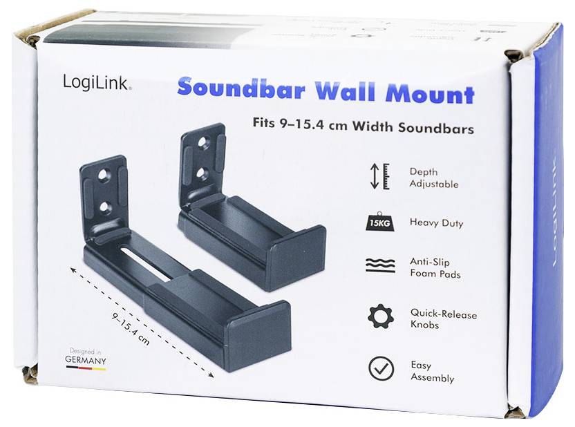 'LogiLink Soundbar-Wandhalterung' mit verstellbarer Tiefe für Soundbars von 9-15,4 cm. Zu den Merkmalen gehören robuste, rutschfeste Schaumstoffpolster und einfache Montage.