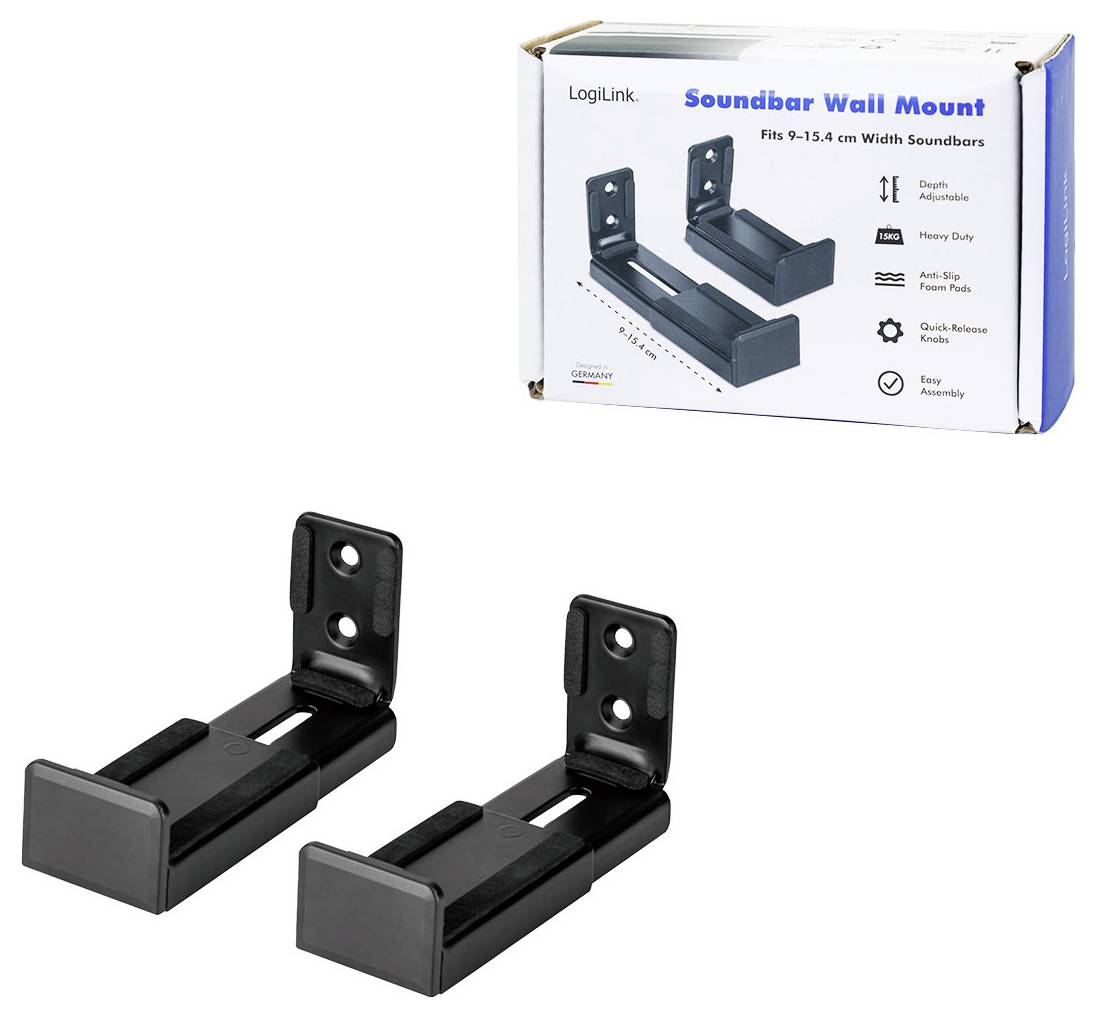 Soundbar-Wandhalterung mit zwei verstellbaren, robusten schwarzen Halterungen und einer Box, die Installationsmerkmale für Soundbars mit einer Breite von 9-15,4 cm zeigt.