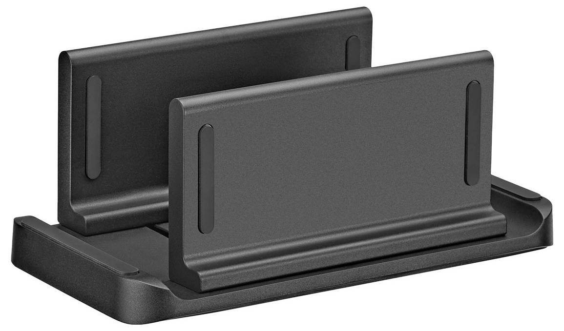 Ein schwarzer, doppelsteckiger vertikaler Ständer, der darauf ausgelegt ist, Geräte wie Laptops oder Tablets in aufrechter Position zu halten.