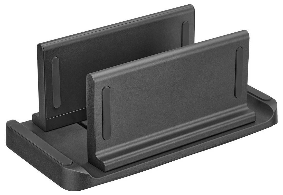 Ein schwarzer, zweifacher Schreibtisch-Organizer mit elegantem, minimalistischem Design zum Halten und Trennen von Dokumenten oder Geräten.