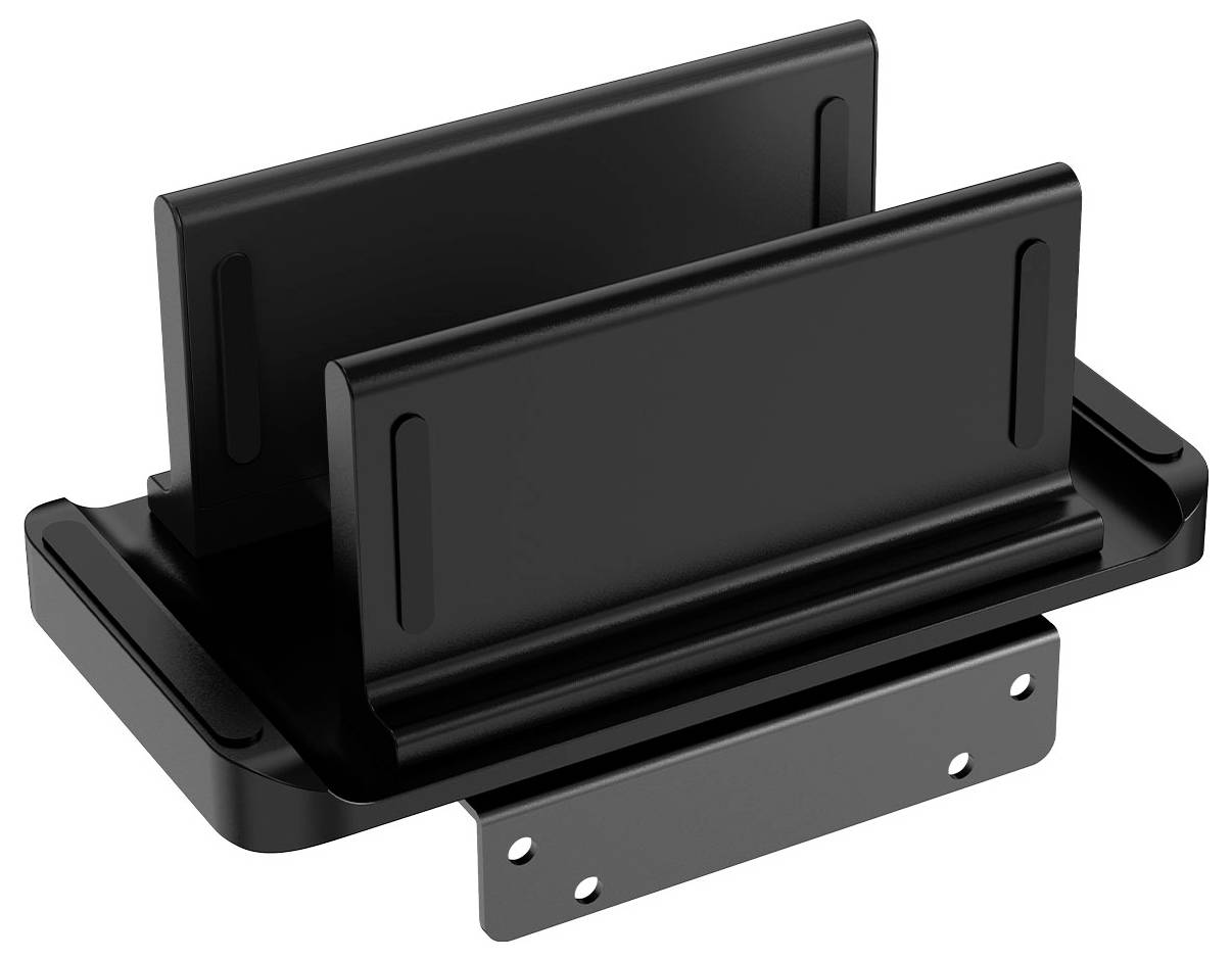 Ein schwarzer Metallhalter mit einer flachen Basis und zwei aufrechten Stützen. Er verfügt über Löcher zum Befestigen und ist für das Halten von elektronischen Geräten konzipiert.