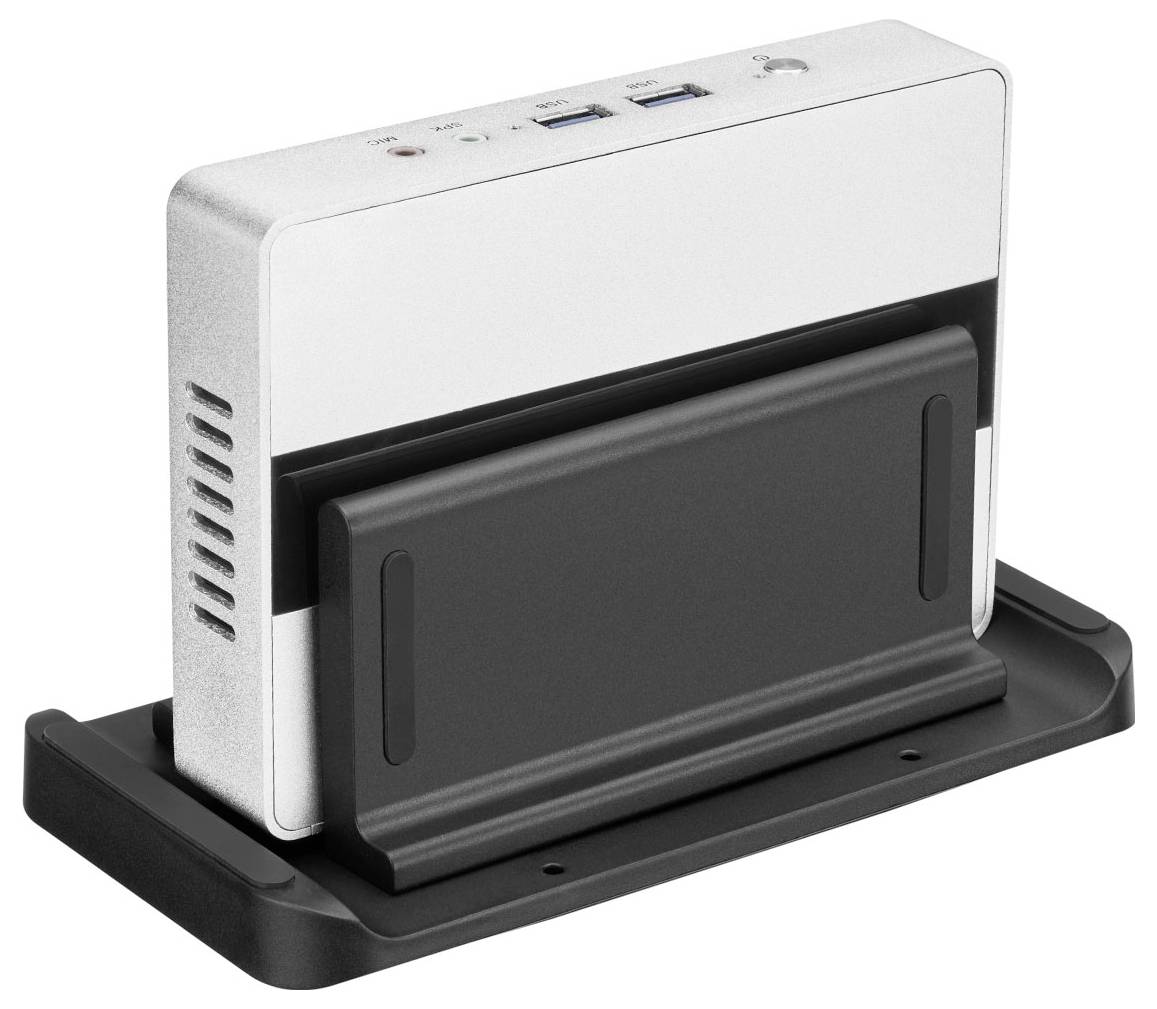 Ein Festplatteneinschub mit USB-Anschlüssen und Einschalttaste auf einer schwarzen Basis.