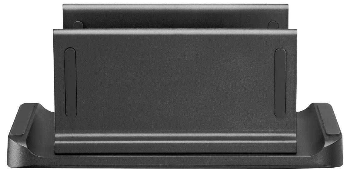 Doppelter Laptopständer aus schwarzem Metall, entwickelt zum vertikalen Halten von zwei Laptops, der Schreibtischplatz spart und die Organisation verbessert.