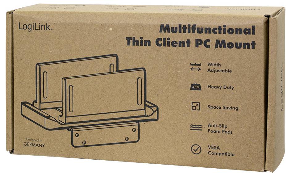 'LogiLink Multifunktionaler Thin Client PC-Halterung' Verpackung mit Produktillustration, Merkmale umfassen Breitenverstellbarkeit, robuste Konstruktion, platzsparendes Design, rutschfeste Schaumstoffpolster und VESA-Kompatibilität.