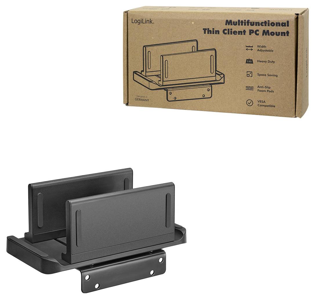 Gehäuse und schwarze Halterung zum Halten eines Thin-Client-PCs, die das Design und die Funktionen des Produkts wie Wandmontage-Fähigkeit und Platz sparende Eigenschaften zeigen.
