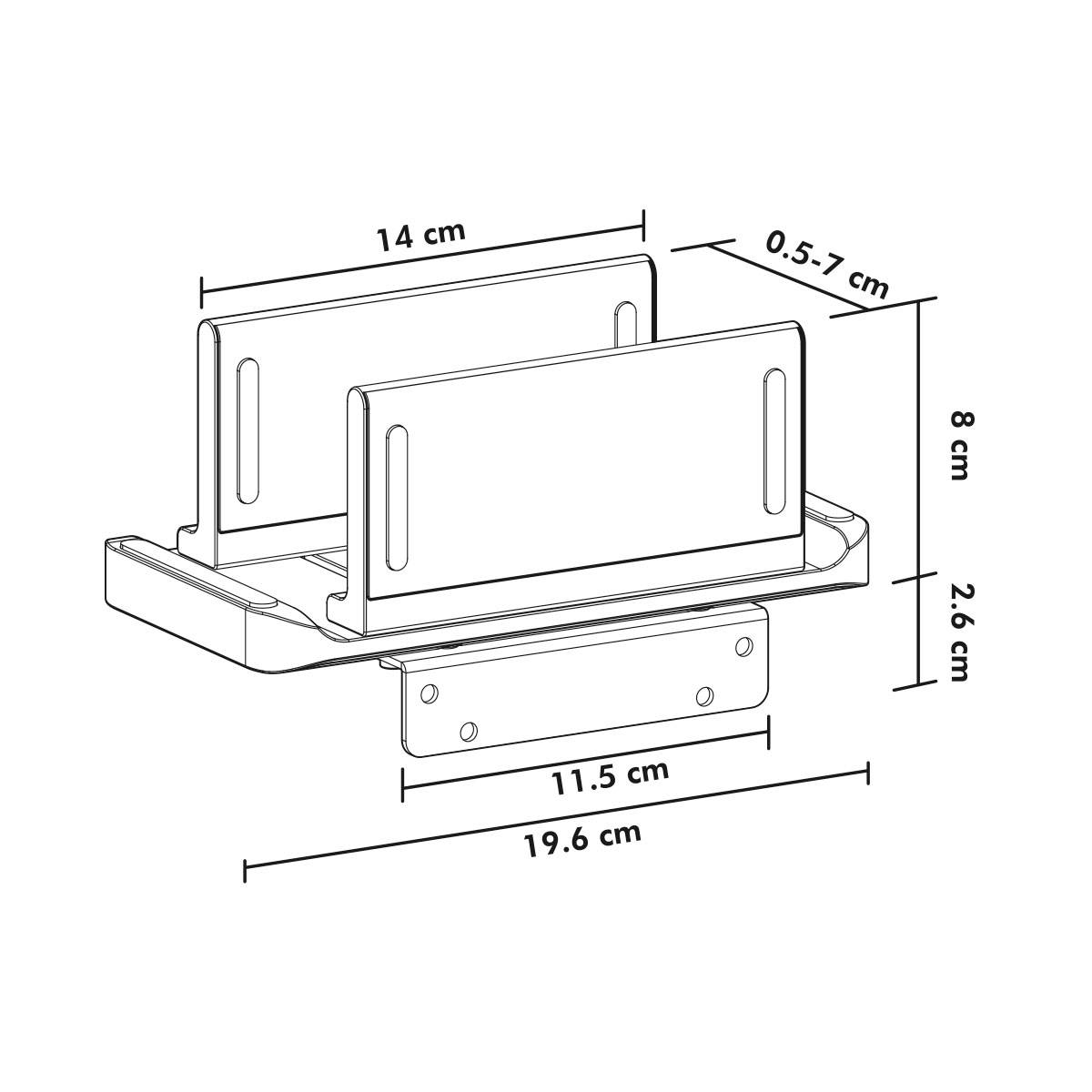 Linienzeichnung eines wandmontiertenRegals mit Abmessungen. Breite: 19,6 cm, Tiefe: 11,5 cm, Höhe: 8 cm. Schlitzbreite: 0,5-7 cm.