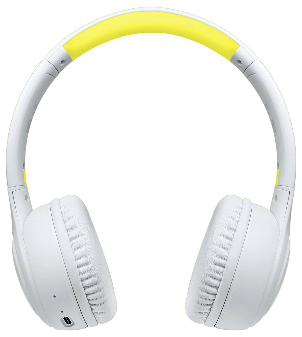 Ein Paar weiße Over-Ear-Kopfhörer mit einem leuchtend gelben Band oben, von vorne betrachtet.