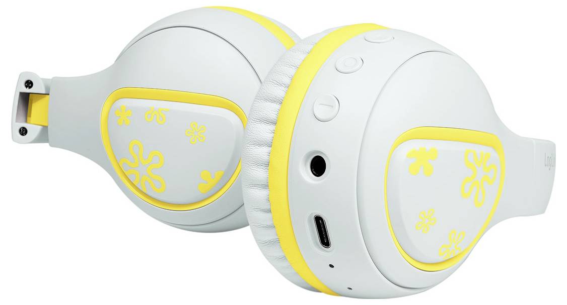 Weiße und gelbe drahtlose Kopfhörer mit Blumenmuster, die Bedienungstasten und einen Ladeanschluss auf einer Ohrmuschel zeigen.