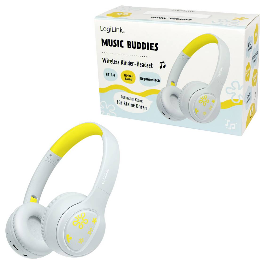 Eine Box und drahtlose Kinderkopfhörer, markiert als 'LogiLink Music Buddies', mit einem gelb-weißen Design und ergonomischen Merkmalen.