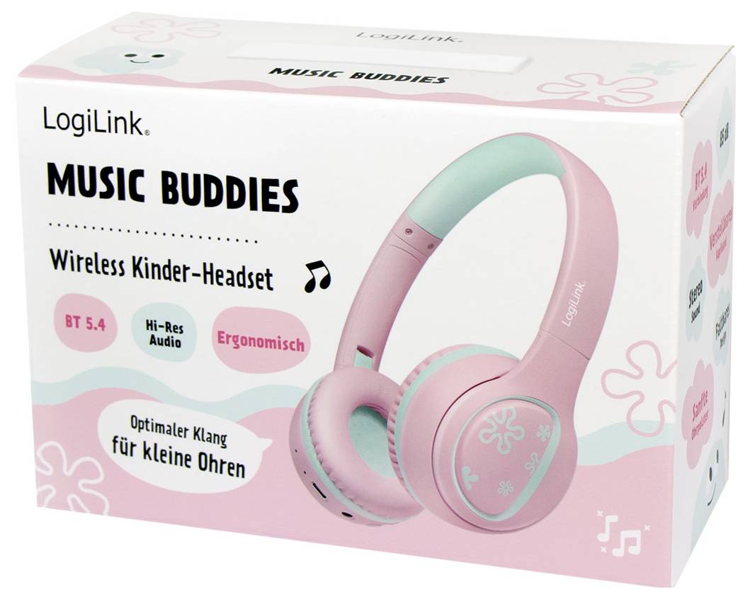 Die Abbildung zeigt eine Produktverpackung für LogiLink 'Music Buddies', ein drahtloses Kinderkopfhörer in Rosa und Blau, mit ergonomischem Design und integriertem Bluetooth 5.4, beworben als 'optimaler Sound für kleine Ohren'.