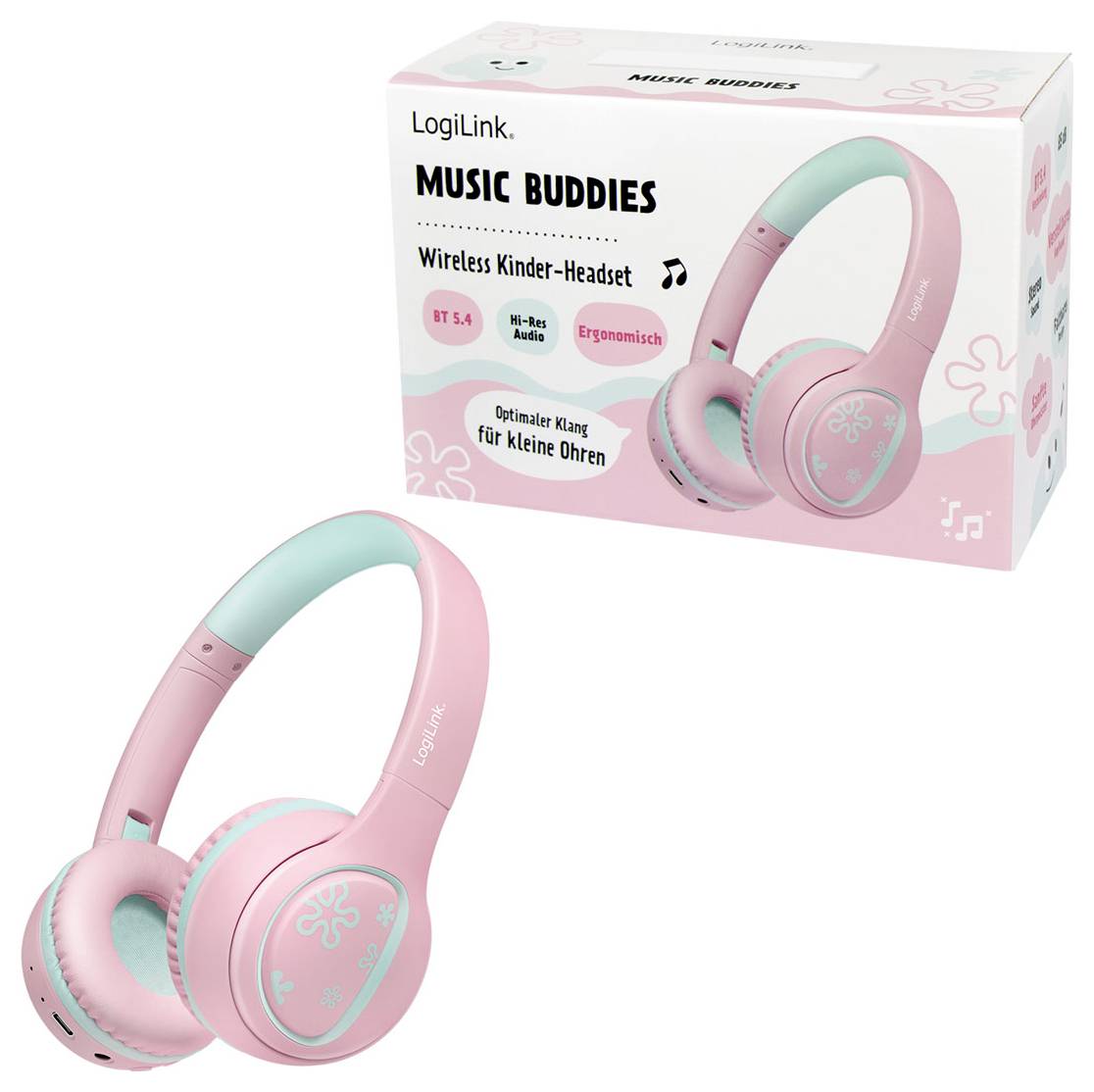 Rosa und türkisfarbene kabellose Kinderkopfhörer mit musikthematischer Box, die Funktionen wie Bluetooth 5.0 und ergonomisches Design anzeigt.