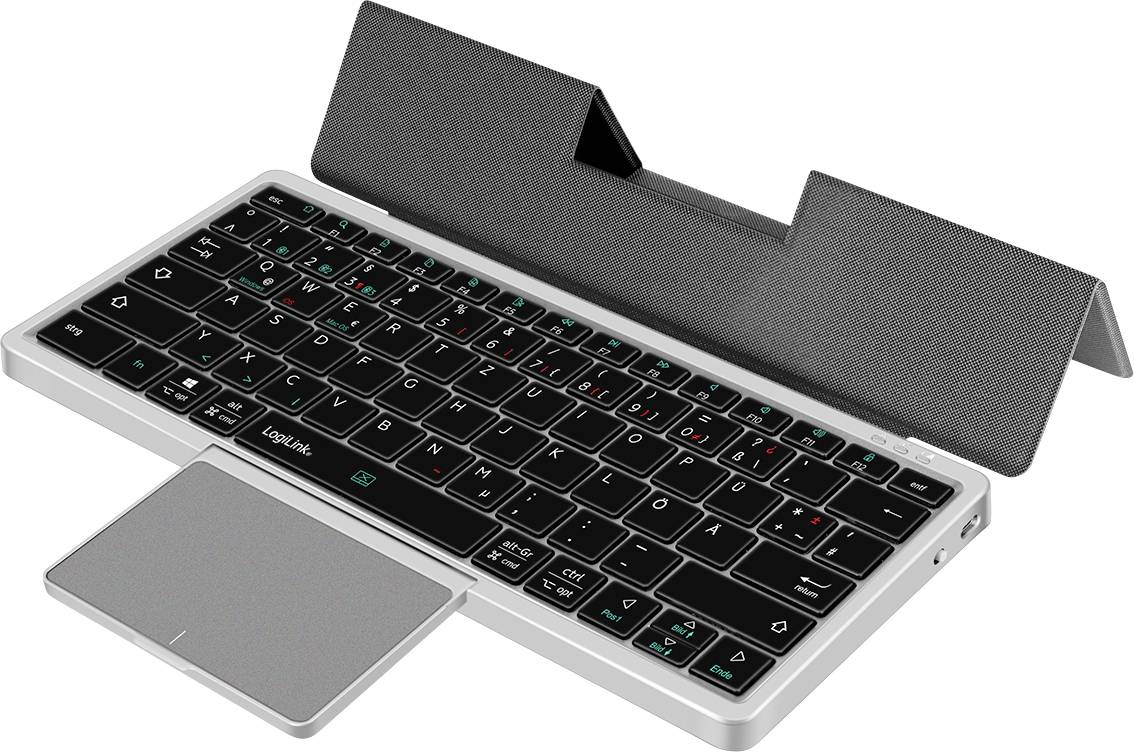 Eine kompakte schwarze Tastatur mit integriertem Touchpad und einem grauen Deckel, die so konzipiert ist, dass sie sich falten und ein Gerät wie ein Tablet unterstützen lässt.