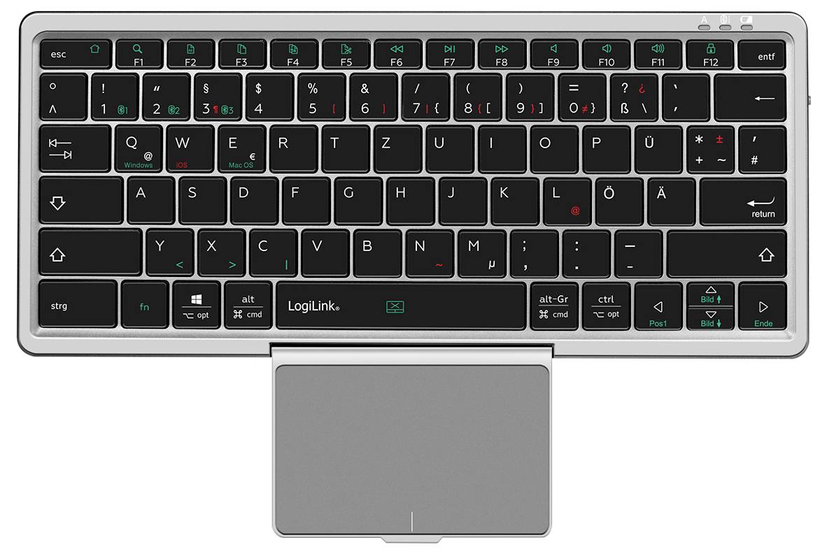 Deutsche QWERTZ-Funktastatur mit schwarzen Tasten und weißen Buchstaben, mit einem silbernen Touchpad am unteren Rand.