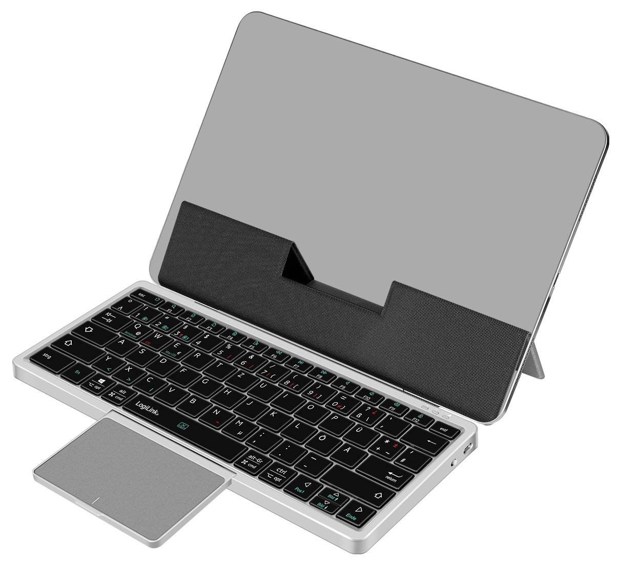 Ein Tablet mit einer faltbaren Tastatur und Trackpad, auf einem Ständer platziert. Die Tastatur verfügt über hintergrundbeleuchtete Tasten und ein kompaktes Design für mobile Nutzung.