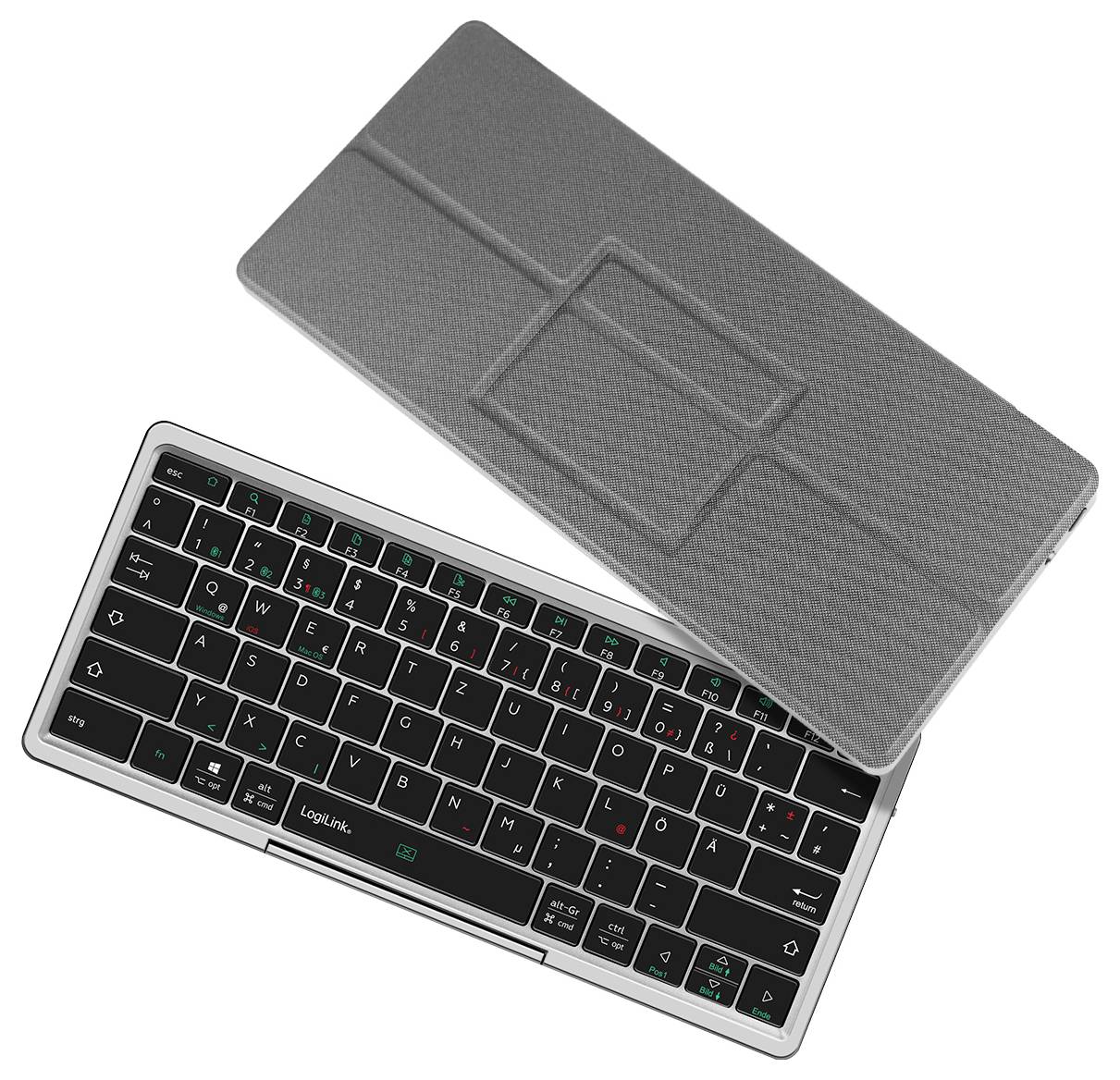 Eine kompakte, faltbare Bluetooth-Tastatur mit Touchpad-Abdeckung. Die Tastatur verfügt über schwarze Tasten mit weißen Buchstaben und roten, grünen Symbolen.