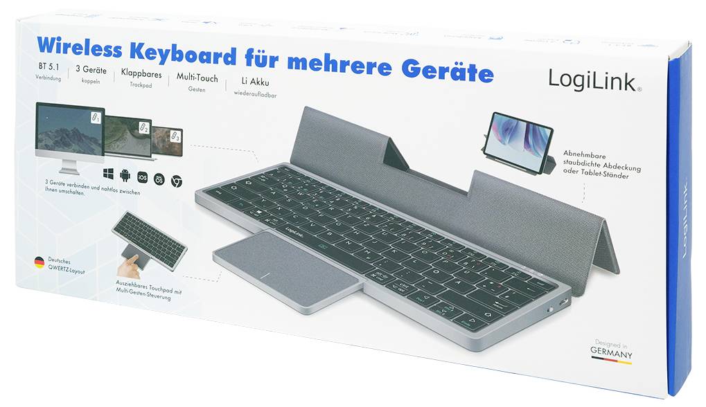 Drahtlose Tastatur für mehrere Geräte mit Bluetooth 5.1, kompatibel mit Windows und Android, inklusive Smartphone-Ständer.
