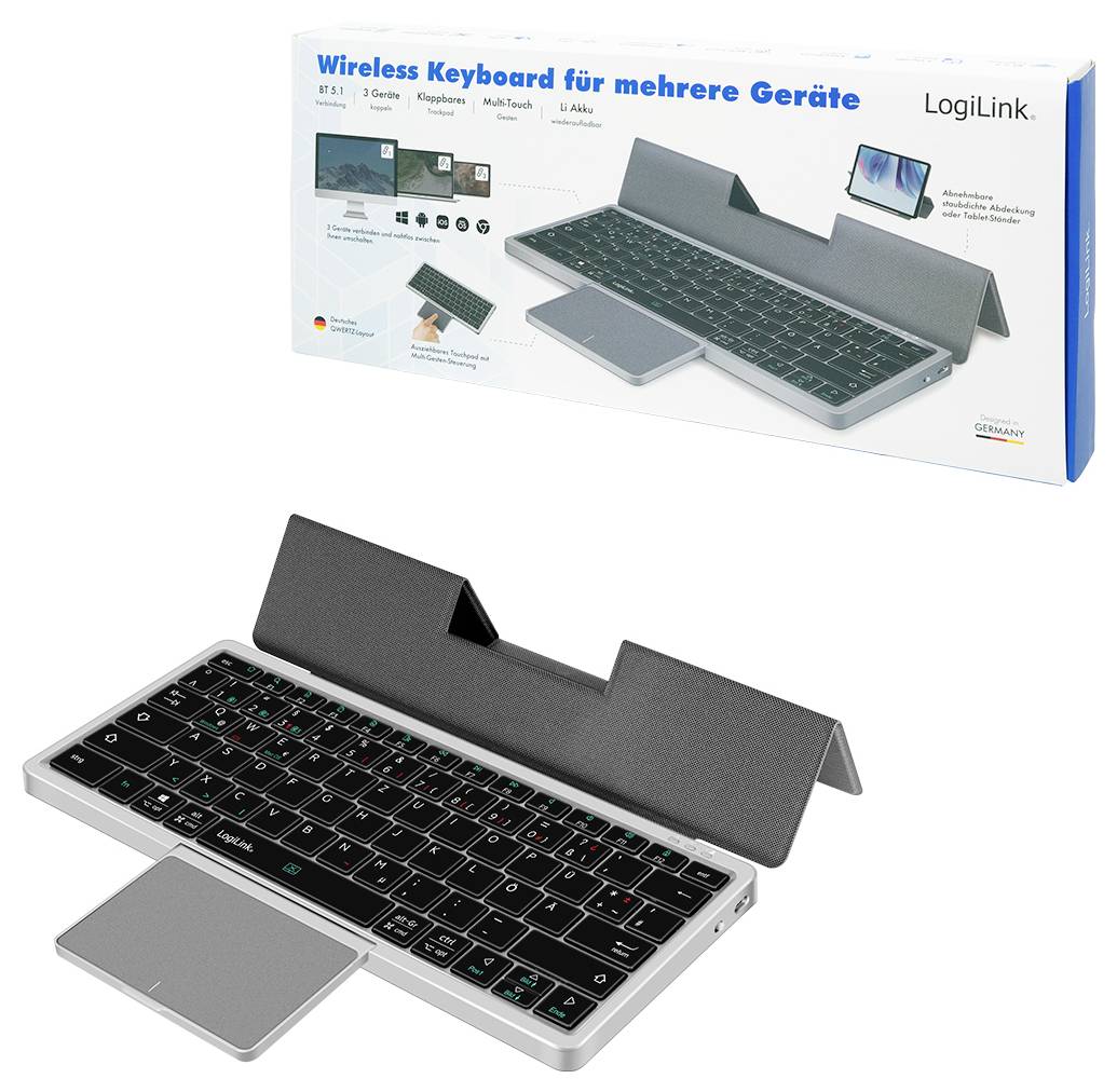 Eine kabellose Tastatur mit einem Schutzgehäuse, kompatibel mit verschiedenen Geräten, neben ihrer Verpackung platziert, die ihre Vielseitigkeit hervorhebt.